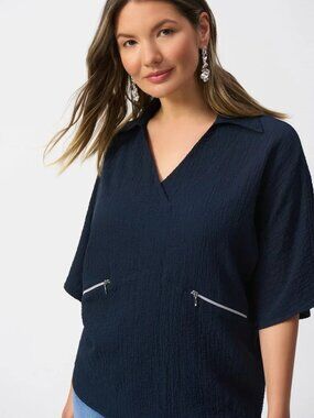 Joseph Ribkoff Seersucker Boxy Zipper-Pocket Top Sz 14 - Midnight Blue